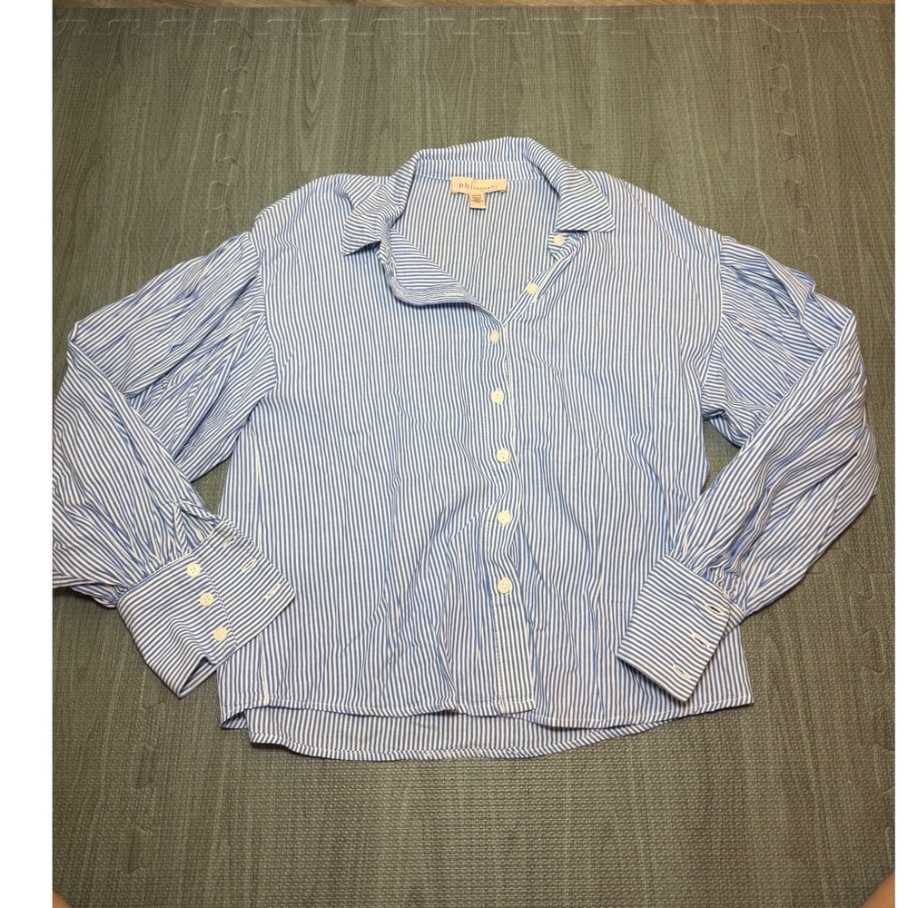 Philosophy Republic Blue White Striped Cotton Puff Sleeve Button Down Shirt XS